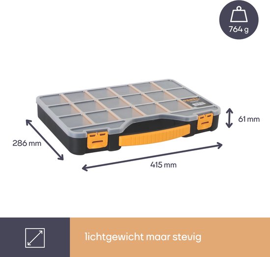 Perel assortimentsdoos, max. 20 compartimenten, 16 tussenschotten, transparant deksel, stapelbaar, 326 x 257 x 48 mm, geel/zwart