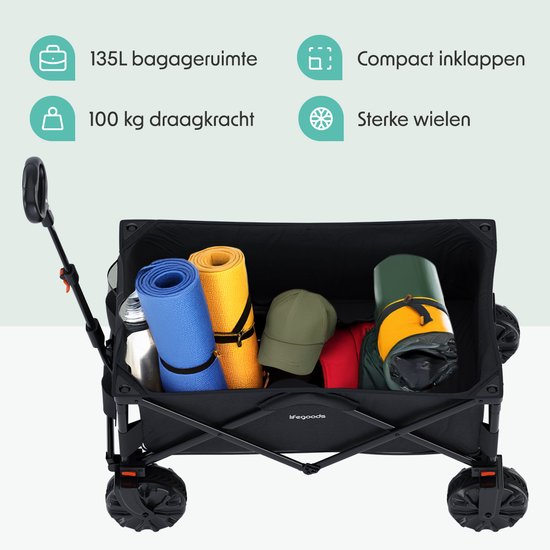 LifeGoods Bolderkar - Opvouwbaar - 100KG - 135L - Inklapbare Bolderwagen Met Afneembare Wielen - Beschermhoes - Zwart