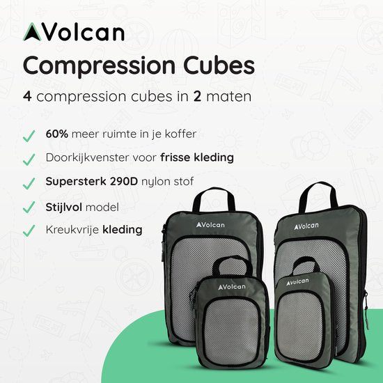 Volcan Compression Packing Cubes - Koffer Organizer Set - Set van 4 - Met Compressierits - Voor Backpack & Koffer - Botanisch Groen