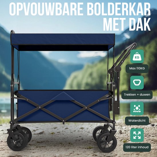 Avalo Bolderkar Met Dak XL Opvouwbaar - Tot 110KG Draagvermogen - 120L - 97x60x105 CM - 360º Wielen - Bolderwagen / Bolderkarren / Strandkar / Trekkar / Plooibare Bolderkar - Voor Strand - Blauw