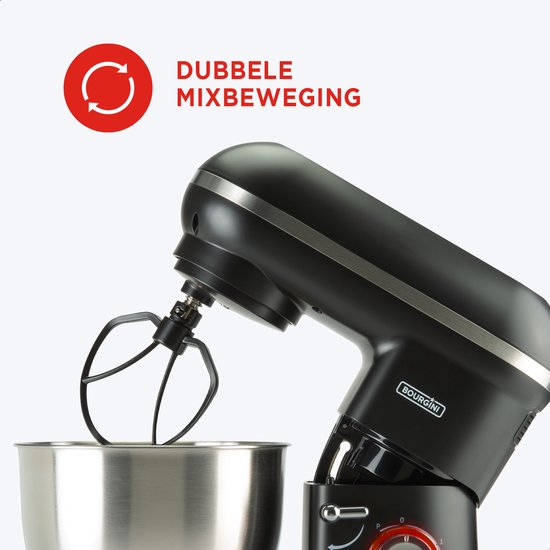Bourgini Classic Kitchen Chef Keukenmachine & Mixer – 4,5L RVS Mengkom – 1300W – 6 Snelheden + Pulse – 38,5 x 22,3 x 31,8 cm – Zwart