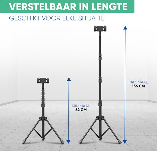 Serve Tablet Standaard - Tripod Houder Statief voor Smartphone & Tablet - Incl. Draagtas & Bluetooth Remote - iPad Tablethouder Lessenaar Aluminium - Zwart