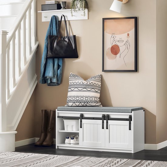 SoBuy Schoenenrek met Schuifdeuren, Halmeubel met Kussen, 6 Vakken Schoenenbank voor Entree, 90x35x46 cm, Wit, FSR133-K-W