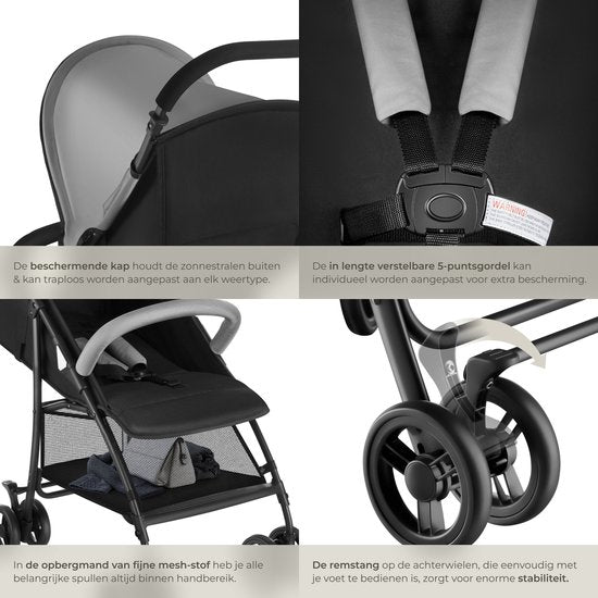tectake® Buggy - Kinderwagen - Inklapbaar, 5-Puntsgordel, Verstelbare rugleuning en beensteun - Met rem, lichtlopende wielen - Praktische opbergmand - Zwart/grijs