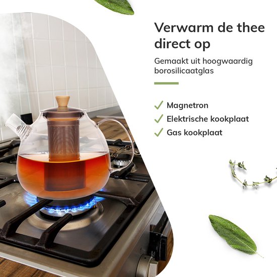 Deleca Glazen Theepot met Filter en Theelicht Warmhouder Set - Borosilicaat Glas - RVS Zeef - Kerst Cadeau - Voor Losse Thee / Theebloemen - 1.5L