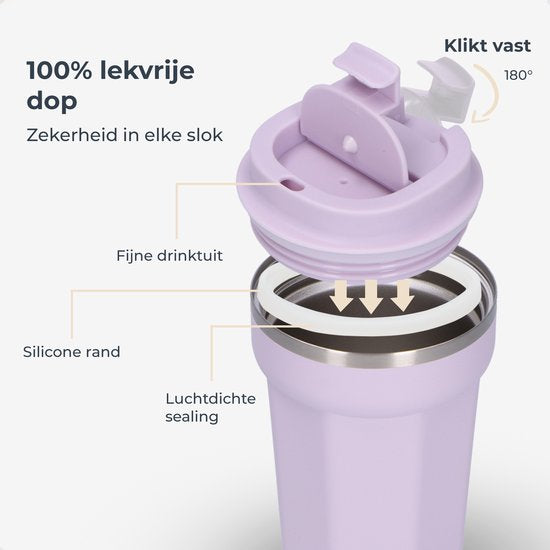 Castagnola Thermosbeker - Koffiebeker To Go - Travel Mug voor Koffie en Thee - Theebeker - 380 ML - RVS - Lichtpaars - Octagon
