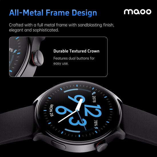 Maoo GTR Serie 2 Smartwatch Heren – Stainless Steel & TPU Band – Stappenteller, Hartslagmeter, Slaapmonitor – Multisport – Android & iOS – Zwart