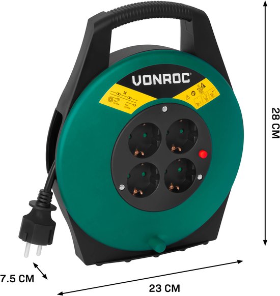 VONROC Kabelhaspel 10m – IP20 – PVC Kabel H05VV-F 3G1.5mm² – 4 geaarde Schuko stopcontacten – 3200W (uitgerold)/1100W (opgerold) - Thermische beveiliging