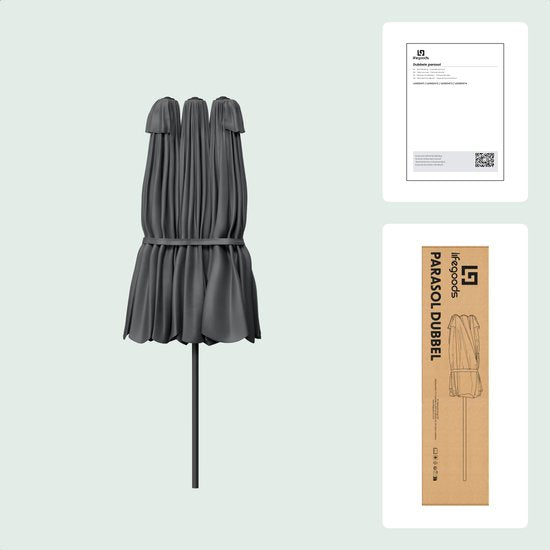 LifeGoods Dubbele Parasol - Tuin - 160x300cm - tot 8 Personen - Waterdicht - UPF50+ - Donkergrijs
