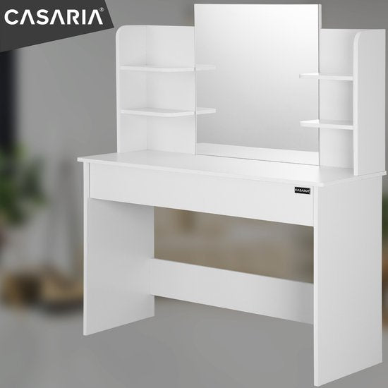 Casaria Make up tafel Lucia - Lade Spiegel LED 4 Planken 140x110 - Wit
