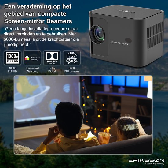 Erikssøn Beamer Prime - Ingebouwde Krachtige Speaker - 6600 Lumen - 1080P Full HD - Wifi Projector - Streamen vanaf je telefoon - Mini Beamer - Beamers - IOS & Android - Smart - Zwart