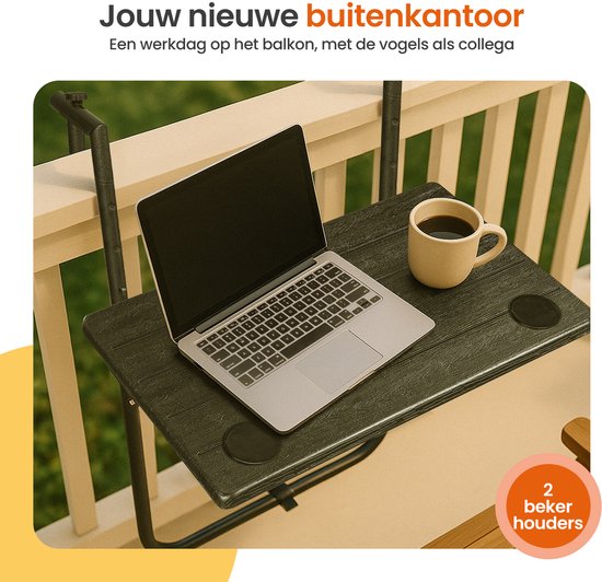 Goliving Balkontafel - Inklapbaar - Hangend - 60 x 40 cm - Verstelbaar in 3 hoogtes - Weerbestendig - 2 bekerhouders – Zwart