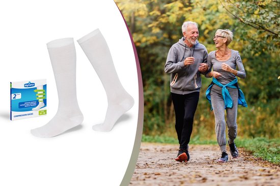 MYCARE+ Compressiesokken - Sport Compressie Kousen - Bloedcirculatie - Pijnpreventie - Ondersteunend - Duopack - Wit - Maat 41-46 - 2 Paar