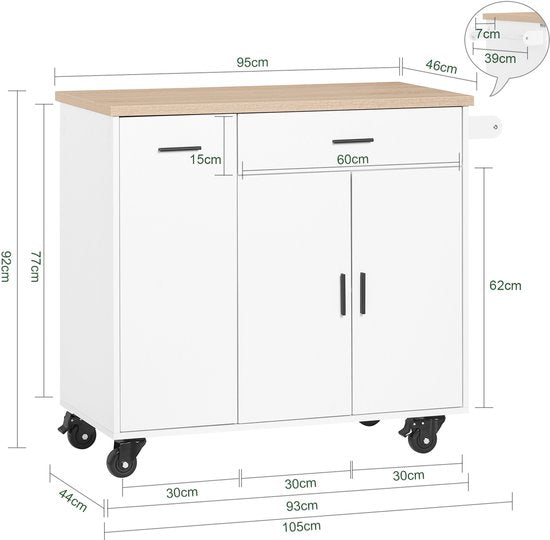 SoBuy Keukeneiland met 2 Laden en 2 Deuren - Multifunctioneel Keukenkast, Wit, 105 x 46 x 92 cm, FKW126-WN