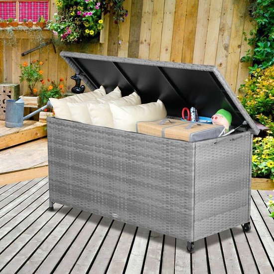 Casaria Opbergkist – 420L – 122x56x61 cm – Waterdicht & Weerbestendig – Met Wielen en Gasdrukveren – Polyrattan – Grijs