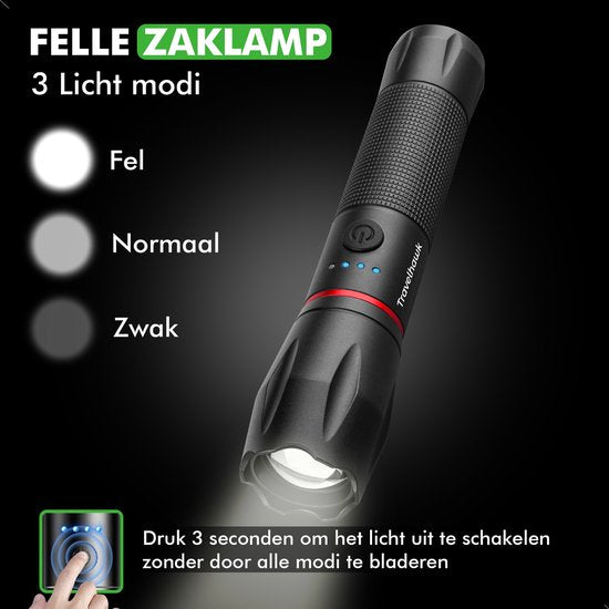 Travelhawk Zaklamp Oplaadbaar - Zaklamp Led Oplaadbaar - Militaire Zaklamp - 1000 Lumen - Waterproof - Inclusief USB-C kabel - 1 stuks