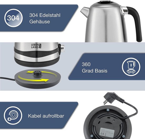 Lebenlang LBE2662 Waterkoker - 1.7L - RVS - BPA vrij - 2200W - RVS