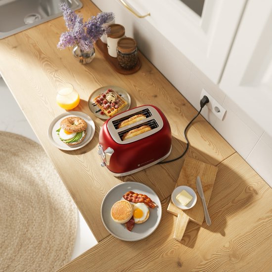 KitchenBrothers Retro Broodrooster - Toaster - 6 Warmteniveaus - 2 Extra Brede Sleuven - 815W - Rood