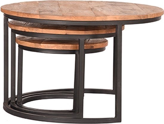 LABEL51 Triplet Salontafel Set – Rond 60 cm – Naturel Hout – Industriële Bijzettafels – Set van 3 – Stoer & Tijdloos Design