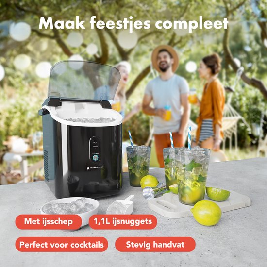 KitchenBrothers Nugget IJsblokjesmachine - 1.1L - Crushed Ice Maker met IJsschep – Draagbaar – 15kg/24 uur - Zwart