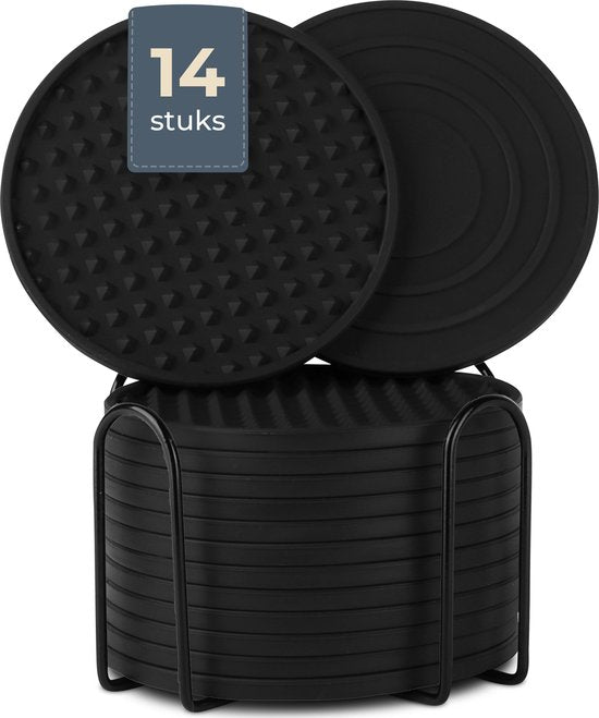 Castagnola Siliconen Onderzetters – Onderzetters voor Glazen – Design Onderzetters met Houder – Onderzettersset – Anti Slip - Set van 14 – Zwart