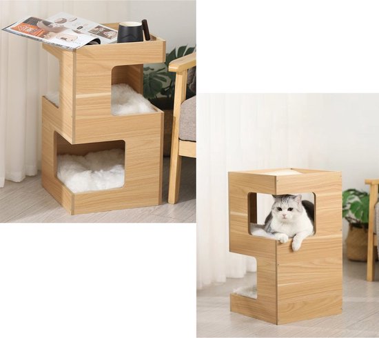 Livista® - Kattenhuis - Naturelle Houtkleur - 60x30x30 cm - Hoogwaardige Materialen - Met Kussen
