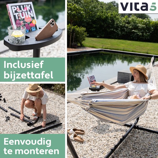 Vita5 Hangmat met Standaard – 2 Persoons – Incl. Bekerhouder – 205kg Draaggewicht – Blauw/Wit