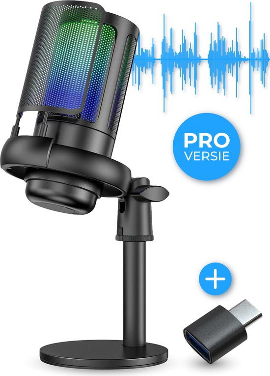 Nuvance - USB Microfoon met Standaard - voor PC en Gaming Microfoon - met Ruisfilter - Inclusief USB-C Converter - Streaming Microfoon - RGB