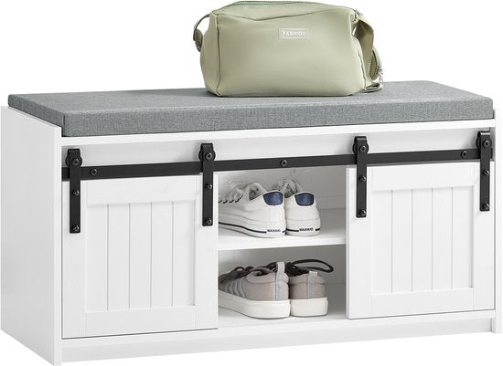 SoBuy Schoenenrek met Schuifdeuren, Halmeubel met Kussen, 6 Vakken Schoenenbank voor Entree, 90x35x46 cm, Wit, FSR133-K-W