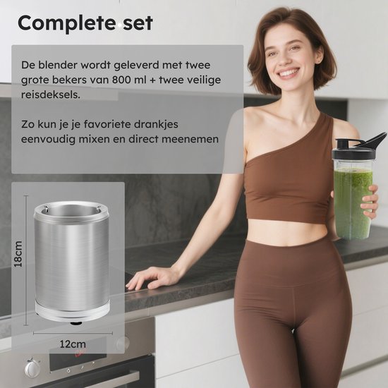 Blender To Go - 6-Delige Set - Smoothie Maker - Blender - 2x 800ml Drinkbekers - 1200W - Vaatwasserbestendig - BPA-vrij - Draagbare Blender - Zilver - van Saaf
