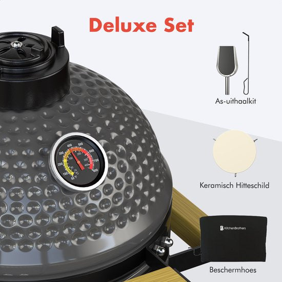 KitchenBrothers Kamado BBQ - 13 Inch Houtskool Barbecue - 27⌀ cm - PFAS-vrij - Deluxe Set - Egg BBQ met Accessoires inclusief Hoes - Grijs
