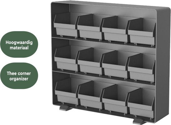 BRASQ Thee Organizer Zwart TB200 - Theedoos 12 vaks - keukenorganizer - Theedoos - Theezakjeshouder - Ruimtebesparend Opbergsysteem