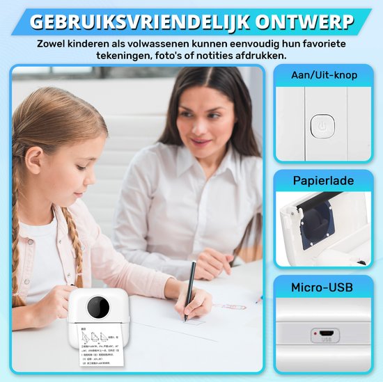 Mini Printer voor Mobiel - Incl. 6 Papierrollen, 5 Stickerrollen, 3 Kleurrollen en Kleurpennen - Mobiele Pocket Printer - Zonder Inkt - Draadloos - Wit