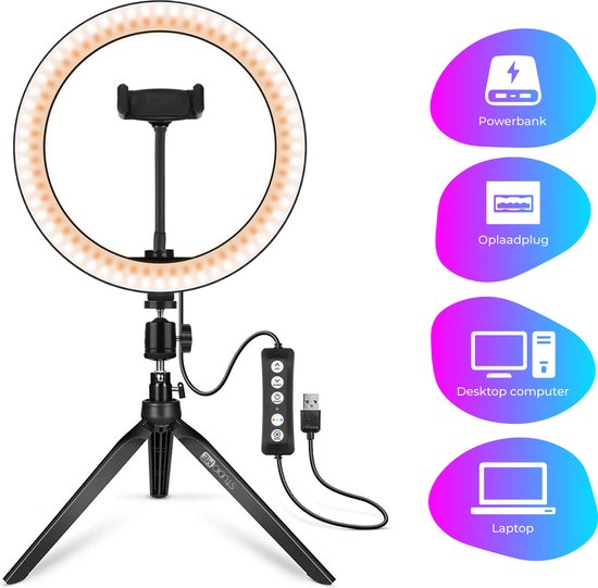 Studio ME Multi Kleuren Ringlamp met Statief - 10 inch/25 cm - RGB Lamp - Ringlight met statief - Bluetooth - Telefoonhouder - Afstandsbediening - USB - TikTok Lamp - Ring Light