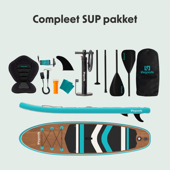 LifeGoods PaddlePro SUP Board - met Zitje - Opblaasbaar Paddle Board - Complete Set - Max. 150KG - 320x81cm - Hout/Blauw