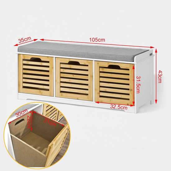 SoBuy Schoenenbank met zitkussen voor gang of woonkamer, 3 afneembare manden, 105x43x35 cm, FSR23-WN