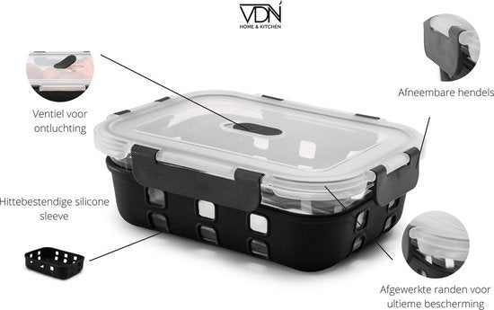 VDN Glazen Meal Prep Bakjes met Silicone Sleeve – 10 Delige Set Vershoudbakjes van Borosilicaatglas – Luchtdicht & BPA Vrij – Magnetron met Ventiel, Oven, Vriezer & Vaatwasser Bestendig – 5x1040ML & 5x370ML