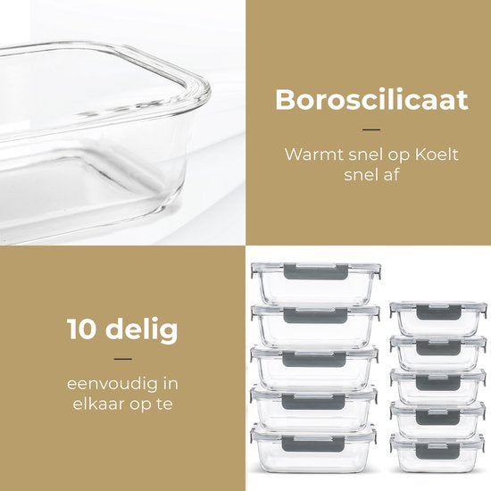 Stosh Meal prep bakjes - Vershoudbakjes - Diepvriesbakjes - 10 Stuks - 5x1050ML & 5x350ML - BPA vrij - Glas