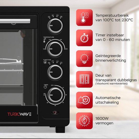 TurboTronic EV35 Vrijstaande oven 35L - Mini oven - Elektrische Oven - Zwart