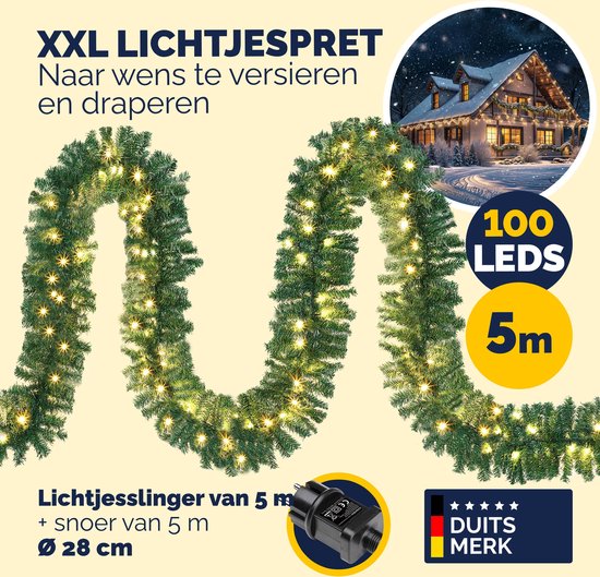 Casaria Kerstguirlande - 5m 100 LED´s-Dennennaalden Groen – Warm wit