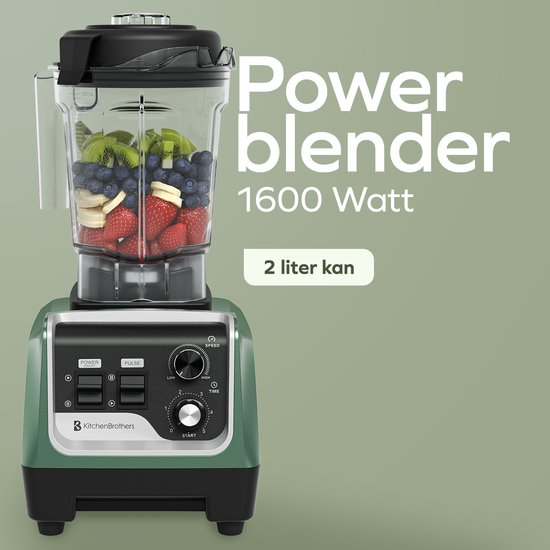 KitchenBrothers Power Blender - 1600W - 2L - Smoothie Maker - IJscrusher - Pastelgroen