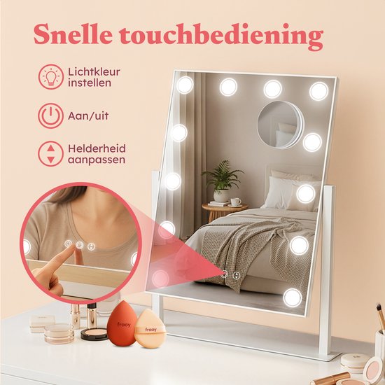 Fraay® Hollywood Spiegel met Verlichting 41x30cm - 3 Lichtstanden - Make Up Spiegel met 10x Vergrootspiegel - LED Spots Verlichting Dimbaar - Incl. Beauty Blenders en Powder puff