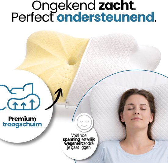 Rustiva® - Orthopedisch Vlinderkussen tegen Nekklachten - Apneu Slaapkussen – Ergonomisch Hoofdkussen van Verkoelend Traagschuim - Memory Foam voor Rug-, Zij- en Buikslapers – Ademvrij – 2 Hoogtes – Wit – NL Handleiding - Comfortniveau Medium zacht