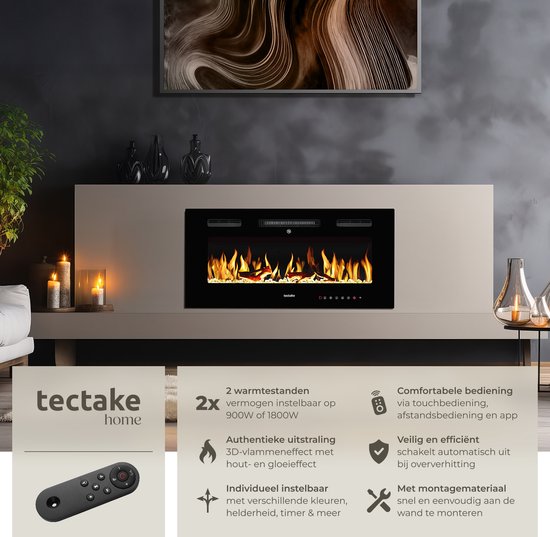 tectake® Wandhaard - Elektrische Haard - Sfeerhaard - 91,5 x 12 x 43 cm - 900W & 1800W - Bediening met Afstandsbediening of App - met Thermostaat - Kachel - met Verwarming - Haarden - Hout en Gloeieffecten - 3D Vlammen - Timer