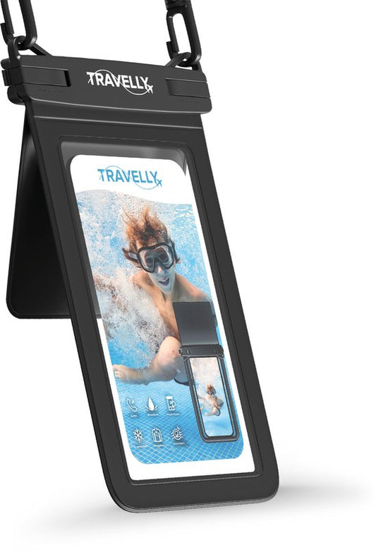 Travelly® Waterdicht Telefoonhoesje Met Extra Opberg Vakje – Universeel Onderwater Hoesje voor Smartphone – Geschikt voor alle telefoons – Drybag – Voor Vakantie, Zwemmen & Watersport – Zwart