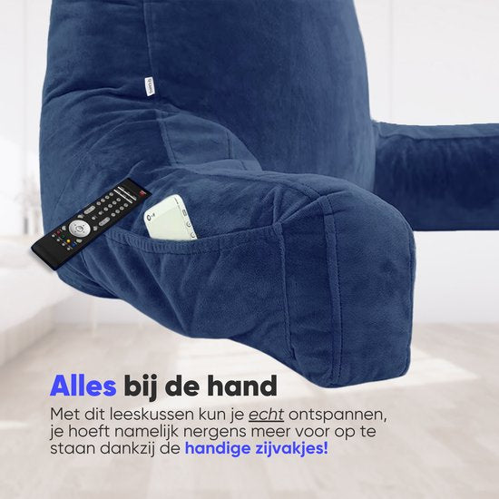 Q-Living XXL Leeskussen met Extra Nekrol - Relax Kussen - Zitkussen - Onderrug Ondersteuning - Leeskussen Voor In Bed - Blauw