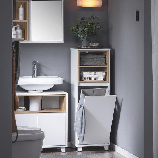 SoBuy BZR146-W Badkamerkast - Wit Houtcomposiet met Wasmand