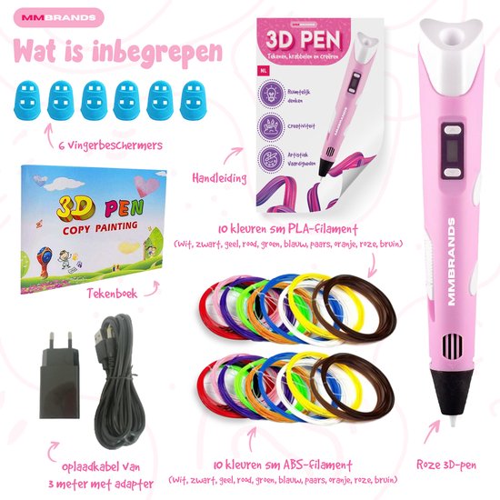 MM Brands 3D Pen Starterspakket - Inclusief 100m Filament in 10 Kleuren - Extra Lange Laadkabel - Geschikt voor ABS & PLA Filament - Roze