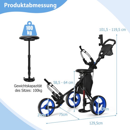 Coast Golftrolley, golftrolley, golftrolley, golfwagen, inklapbaar, golfcaddy golf push cart van aluminium, golfcaddy met parapluhouder, T-stukhouder en opbergtas