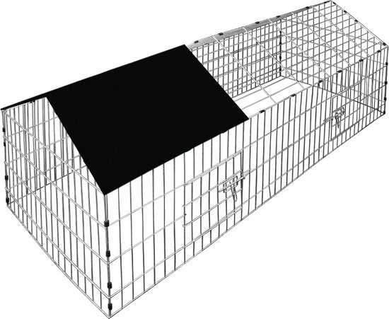 Cadoca Konijnenhok/ Vrijloophok/ Knaagdierhok - 180x75x75cm - incl. zonnescherm - Zwart